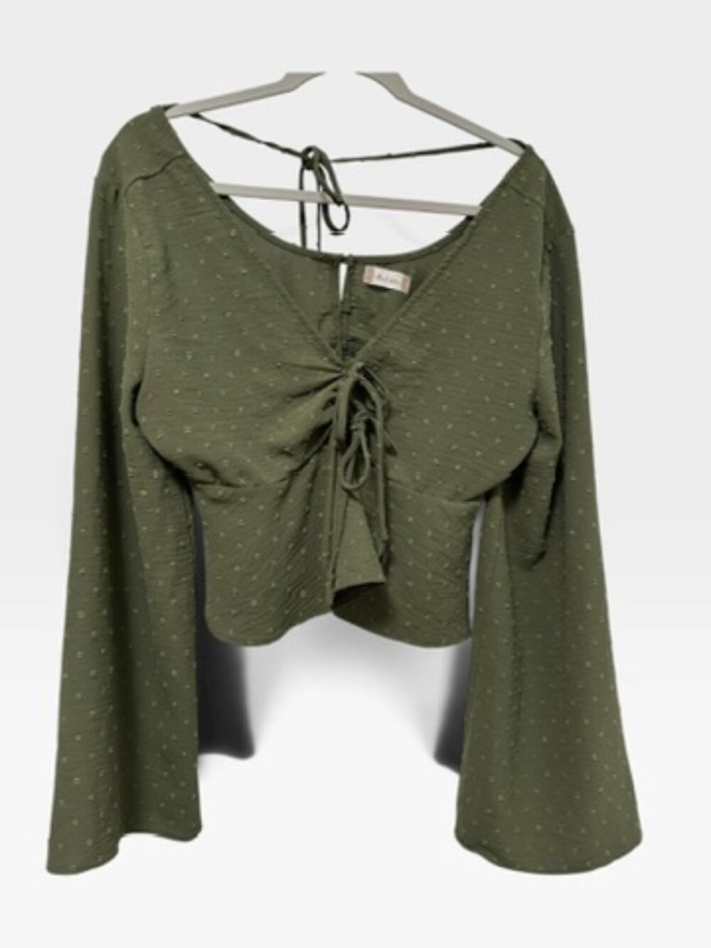 Altar'd State Olive Green Swiss Dot Bell Sleeve Peplum Blouse Large
